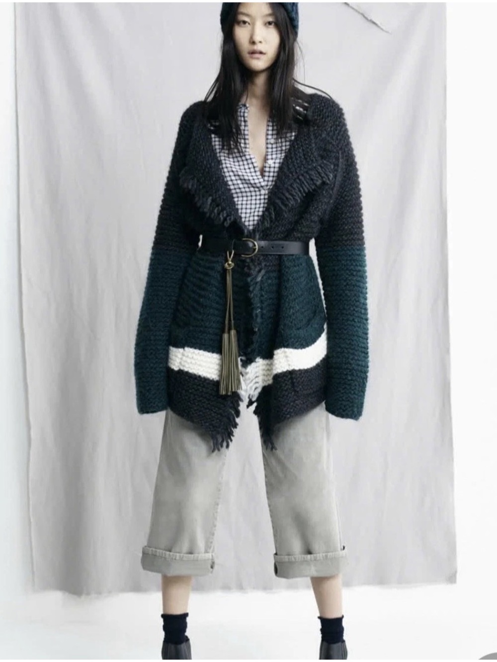 Madewell Handknit Wool Alpaca Colorblock Fringe Cardigan XS